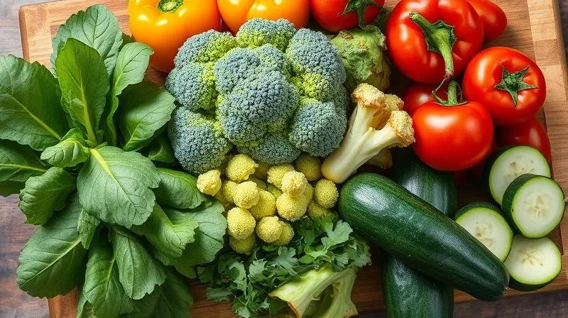 Photorealistic, professional photography, 8K, cinematic lighting, sharp focus, depth of field, shot on a high-end DSLR. A vibrant, colorful assortment of fresh, raw vegetables, including spinach, bell peppers, broccoli florets, cherry tomatoes, and sliced zucchini, artfully arranged on a rustic wooden cutting board, with natural light highlighting their textures and colors. The image conveys freshness and abundance.