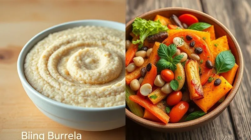 Photorealistic, professional photography, 8K, cinematic lighting, sharp focus, depth of field, shot on a high-end DSLR. A split image: on the left, a bland, simple bowl of plain millet porridge; on the right, the same bowl dramatically transformed into a vibrant, colorful, and richly textured dish with fresh vegetables, legumes, and herbs, radiating health and deliciousness. The contrast should be stark, illustrating a positive transformation.