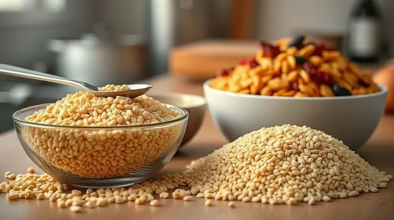 Photorealistic, professional photography, 8K, cinematic lighting, sharp focus, depth of field, shot on a high-end DSLR. A kitchen counter with various common cooking mistakes subtly highlighted: a bowl of millet with visible bitter residue, an overflowing spoon of olive oil, a large pile of sugary dried fruits next to a bowl of plain millet. The image should convey a sense of 'what not to do' in a clean, professional setting.