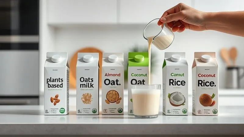 Photorealistic, professional photography, 8K, cinematic lighting, sharp focus, depth of field, shot on a high-end DSLR. A display of various plant-based milk cartons (almond, soy, oat, coconut, rice) neatly arranged on a minimalist kitchen counter, with a hand pouring one into a measuring cup. The scene is bright and clean, emphasizing healthy choices and modern nutrition.