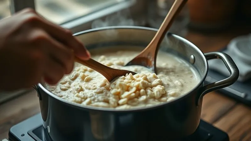 Photorealistic, professional photography, 8K, cinematic lighting, sharp focus, depth of field, shot on a high-end DSLR. A close-up shot of a hand gently stirring a pot of creamy, simmering oatmeal with a wooden spoon, steam rising. The focus is on the rich texture of the porridge, with soft, warm light from a nearby window.