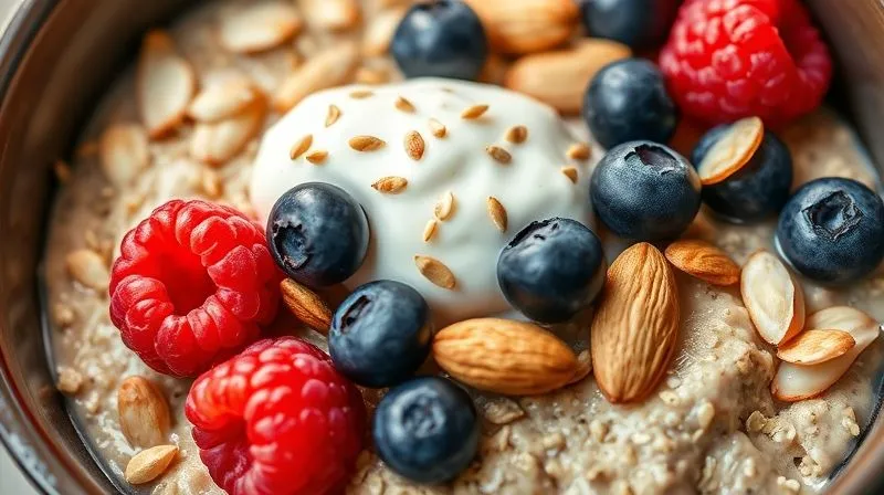Photorealistic, professional photography, 8K, cinematic lighting, sharp focus, depth of field, shot on a high-end DSLR. A vibrant, colorful bowl of oatmeal topped with an array of fresh ingredients: bright red raspberries, plump blueberries, sliced almonds, golden chia seeds, and a dollop of creamy Greek yogurt. The composition is artful and appetizing, with soft, diffused light highlighting the textures and freshness of the ingredients.