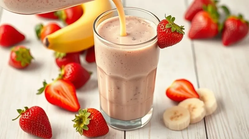 A photorealistic, professional photography shot of a vibrant, thick banana-strawberry smoothie being poured into a clear glass, showing its creamy texture. Fresh strawberries and banana slices are artfully arranged around the glass on a light wooden background. 8K, cinematic lighting, sharp focus, depth of field, shot on a high-end DSLR, emphasizing deliciousness and health.