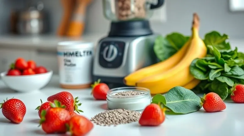A photorealistic, professional photography shot of a variety of healthy smoothie ingredients laid out on a clean white countertop, including fresh strawberries, a banana, a container of protein powder, chia seeds, spinach, and a blender in the background. Cinematic lighting, sharp focus, depth of field, 8K, shot on a high-end DSLR, emphasizing customization and choice.