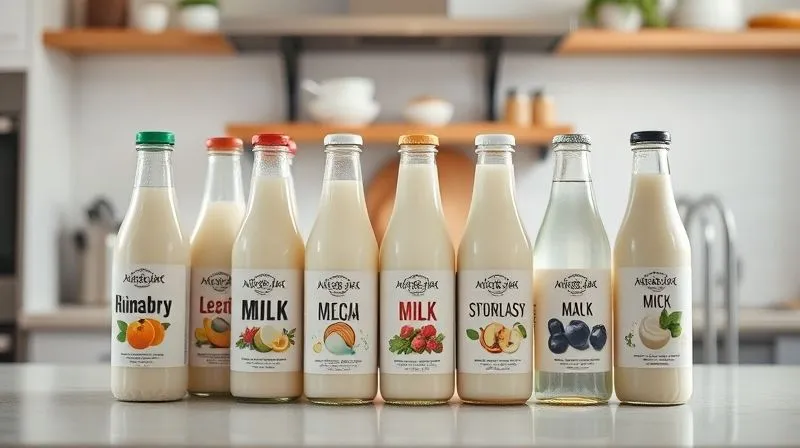 A professional photography shot of various unsweetened plant-based milks and fresh water bottles arranged neatly on a kitchen counter, ready for blending. Soft, clean lighting, sharp focus on the labels, depth of field. 8K, cinematic lighting, sharp focus, depth of field, shot on a high-end DSLR.