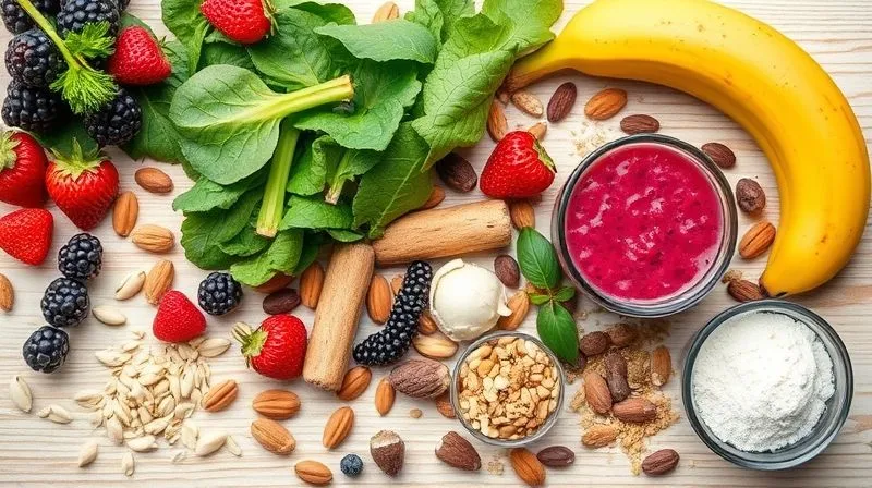 A vibrant, flat lay professional photography shot of various healthy smoothie ingredients: fresh berries, leafy greens, different nuts and seeds, protein powders, and a ripe banana, artfully arranged on a light wooden background. Bright, natural lighting, sharp focus on all ingredients, depth of field. 8K, cinematic lighting, sharp focus, depth of field, shot on a high-end DSLR.