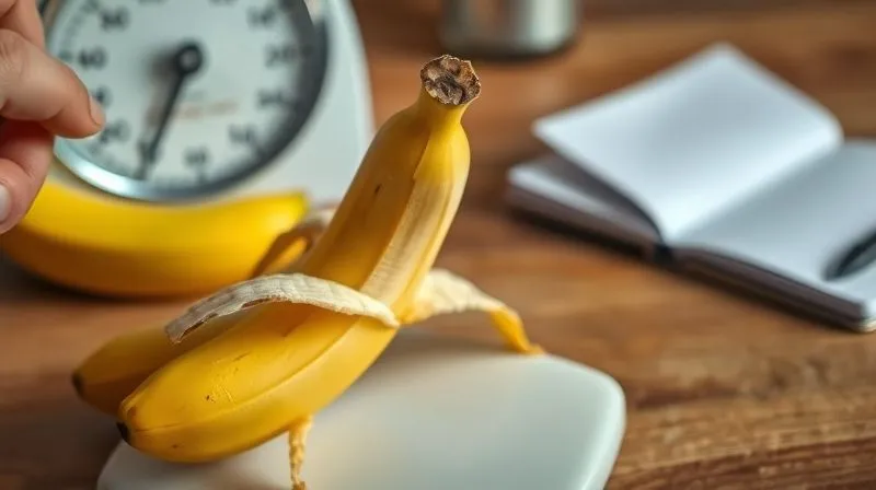 A close-up, photorealistic image of a single ripe banana being peeled, with a blurred background showing a kitchen scale and a notebook with diet plans. The focus is on the banana, suggesting careful portioning and mindful eating. 8K, cinematic lighting, sharp focus, depth of field, shot on a high-end DSLR.
