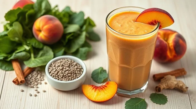 Photorealistic professional photography of a vibrant peach smoothie with a separate pile of fresh spinach, a small bowl of chia seeds, a cinnamon stick, and a piece of ginger root, all arranged aesthetically on a light wooden surface with cinematic lighting, sharp focus on the ingredients, depth of field blurring the background, 8K hyper-detailed.