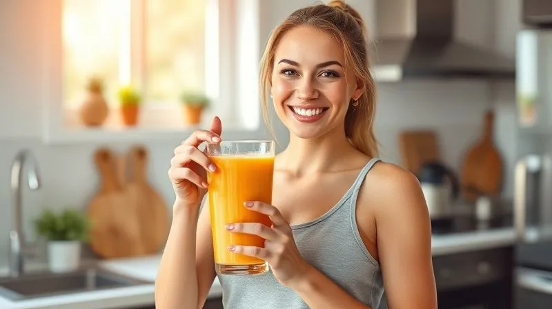 Photorealistic professional photography of a confident young woman smiling brightly, holding a vibrant peach smoothie in a sleek glass, standing in a modern, sunlit kitchen. She looks healthy and energetic, embodying successful weight loss and vitality. Cinematic lighting, sharp focus on her and the smoothie, depth of field blurring the background, 8K hyper-detailed.