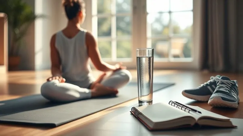 Photorealistic professional photography of a balanced lifestyle scene, featuring a person meditating on a yoga mat in a sunny room, a glass of water, a pair of running shoes, and a journal, all conveying well-being and health. Cinematic lighting, sharp focus on the elements, depth of field blurring the background, 8K hyper-detailed.