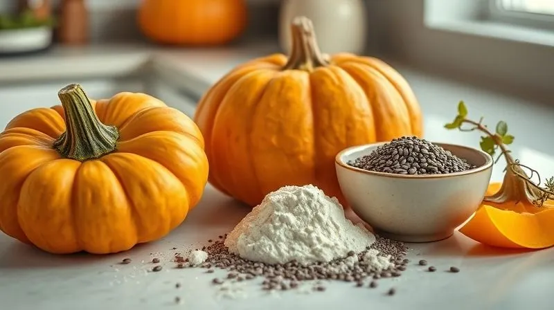 Photorealistic close-up of fresh pumpkin puree, a scoop of vanilla protein powder, and a small bowl of chia seeds, arranged aesthetically on a light kitchen counter, with soft natural light. Professional photography, 8K, cinematic lighting, sharp focus, depth of field, shot on a high-end DSLR.