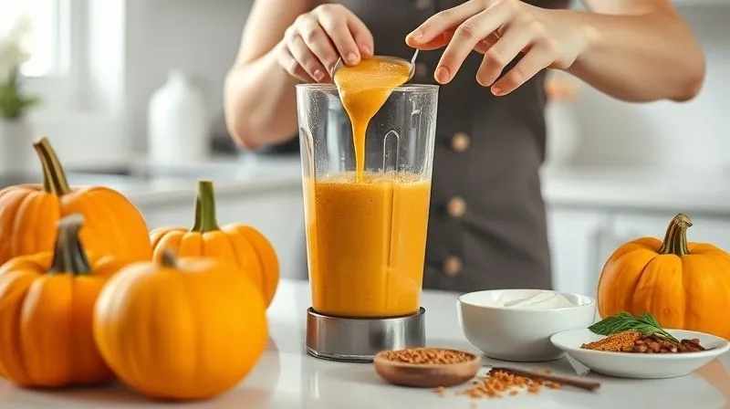 Photorealistic image of a person pouring a creamy pumpkin smoothie into a blender, with various fresh ingredients like pumpkin puree, yogurt, and spices laid out neatly on a kitchen counter. The scene is brightly lit and clean, emphasizing a healthy cooking process. Professional photography, 8K, cinematic lighting, sharp focus, depth of field, shot on a high-end DSLR.