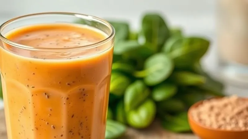 Photorealistic close-up of a clear glass of creamy, orange-colored smoothie, with visible specks of chia seeds and flax seeds, implying high fiber content. The smoothie is thick and inviting. In the background, a handful of fresh spinach leaves and a scoop of protein powder are subtly blurred, under soft, natural daylight. 8K, sharp focus, professional food photography.