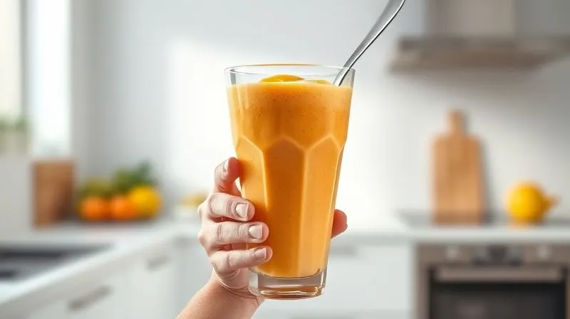 Photorealistic, professional photography of a hand holding a tall, elegant glass filled with a very thick, creamy orange smoothie. The smoothie's texture is so rich it appears almost like soft-serve ice cream, with a spoon visible, suggesting it's meant to be eaten slowly. The background is a bright, minimalist kitchen, with soft, diffused natural light. 8K, sharp focus, depth of field.