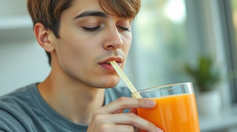 Photorealistic, professional photography of a person slowly sipping a vibrant orange smoothie from a glass with a straw, their eyes closed in satisfaction. The background shows a bright, modern kitchen or a sunny balcony, conveying a sense of calm and well-being. The focus is on the person and the smoothie, with a soft blur in the background. 8K, cinematic lighting, sharp detail.