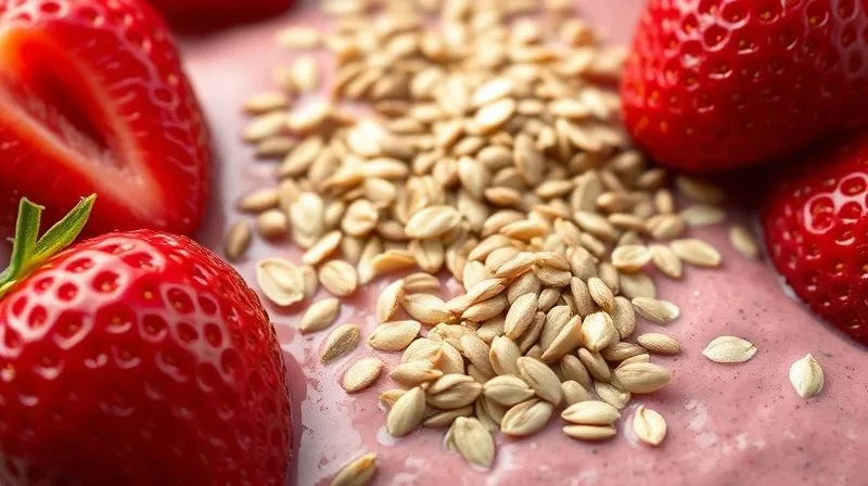 Close-up photorealistic image of fresh ripe strawberries, oats, and chia seeds, visually emphasizing healthy, natural ingredients for a satisfying smoothie, professional photography, 8K, cinematic lighting, sharp focus, depth of field, shot on a high-end DSLR.