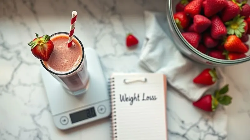A photorealistic, top-down view of a stylish kitchen counter with a perfectly blended, thick strawberry smoothie in a glass, next to a small digital scale and a notebook with 'Weight Loss Goals' written on it, professional photography, 8K, cinematic lighting, sharp focus, depth of field, depth of field blurring the background, shot on a high-end DSLR.
