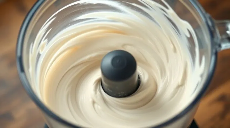 A photorealistic image of a powerful blender in action, creating a vortex of creamy, light protein mixture. The blades are blurred with motion, and the mixture is swirling smoothly, indicating perfect consistency. Cinematic lighting, sharp focus on the blending action, depth of field, 8K hyper-detailed, professional photography, shot on a high-end DSLR.