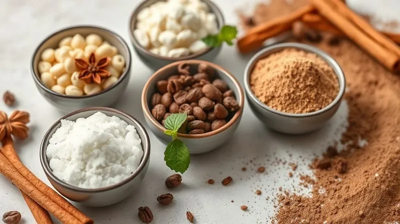 A photorealistic image of small, elegant bowls filled with natural sweeteners like erythritol and stevia, alongside aromatic spices such as vanilla beans, cinnamon sticks, and cocoa powder. The composition is clean and inviting, with soft, natural lighting, sharp focus on the ingredients, depth of field, 8K hyper-detailed, professional photography, shot on a high-end DSLR.