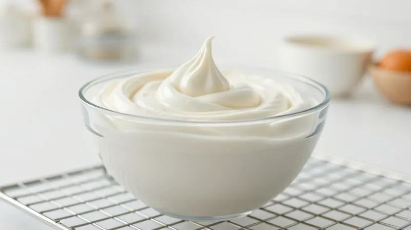 A photorealistic image of a beautiful, perfectly smooth protein cream delicately swirled in a glass bowl, resting on a cooling rack in a minimalist, bright kitchen setting. Soft, cool lighting emphasizes the creamy texture and freshness. Sharp focus on the cream, depth of field, 8K hyper-detailed, professional photography, shot on a high-end DSLR.