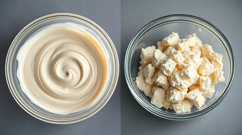 A photorealistic image showing a clear glass bowl with a perfectly smooth, creamy protein mixture on one side, and a bowl with a lumpy, unmixed protein mixture on the other. The contrast highlights the difference between correct and incorrect preparation. Cinematic lighting, sharp focus, depth of field, 8K hyper-detailed, professional photography, shot on a high-end DSLR.