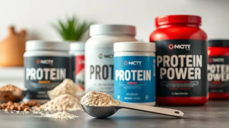 A photorealistic image of various protein powders in elegant containers, with nutritional labels clearly visible, against a clean, minimalist kitchen background. Cinematic lighting highlights the texture of the powders, depth of field blurs a measuring spoon in the foreground. 8K hyper-detailed, professional photography, shot on a high-end DSLR.