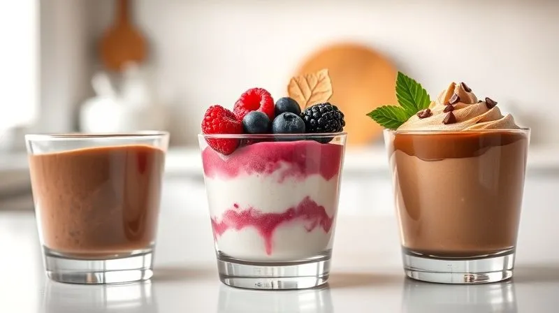 A vibrant photorealistic image of three different protein cream desserts, beautifully arranged in small, elegant glasses. One is chocolate, one is berry-flavored, and one is coffee-flavored. Each is garnished appropriately. The background is a clean, modern kitchen counter, with soft, natural light illuminating the scene. Sharp focus on the desserts, depth of field blurring the background. 8K hyper-detailed, professional photography, shot on a high-end DSLR.