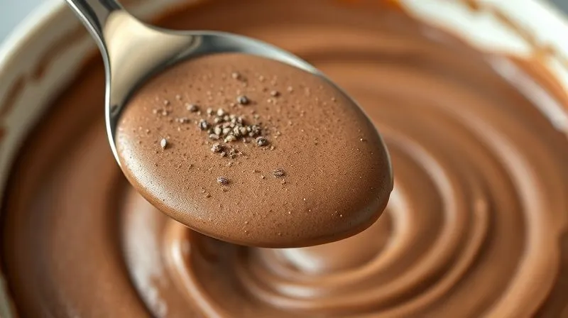A close-up, photorealistic shot of a spoon scooping a rich, creamy chocolate protein mousse from a bowl, with a swirl of natural peanut butter and a sprinkle of chia seeds visible. The texture is inviting, and the focus is sharp on the spoon and mousse. Cinematic lighting, soft shadows, 8K hyper-detailed, professional photography, shot on a high-end DSLR.