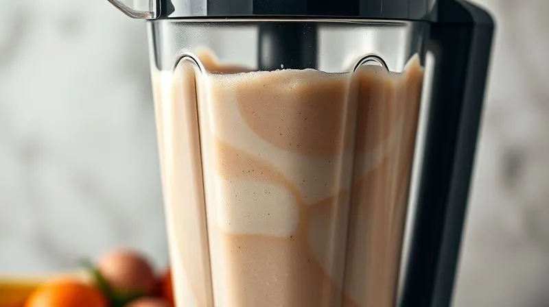 A photorealistic close-up of a high-speed blender creating a perfectly smooth, creamy protein shake, with vibrant ingredients swirling. Cinematic lighting, sharp focus on the texture, 8K.