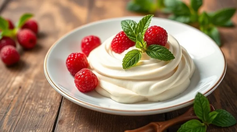 A professional photography shot of a beautifully plated, low-calorie vanilla protein cream dessert, garnished with fresh mint leaves and a few raspberries, on a rustic wooden table. Soft, natural light, sharp focus on the cream's smooth texture, 8K.