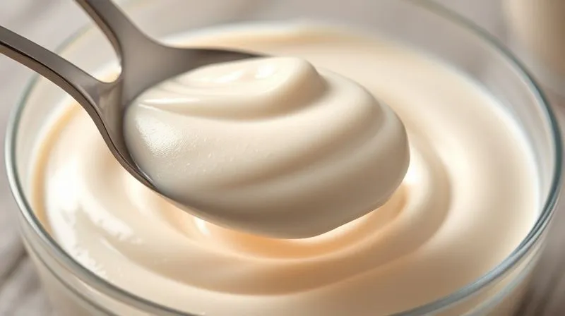 A close-up, photorealistic image of a spoon scooping a perfectly thick and creamy, luxurious-looking protein mousse from a glass bowl. The texture is rich and smooth, with cinematic lighting, sharp focus, 8K.