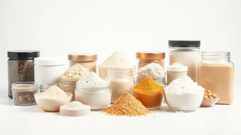 A professional studio shot of various high-quality protein powders in stylish containers, arranged neatly on a clean white surface, with soft, diffused lighting. Sharp focus, 8K hyper-detailed.