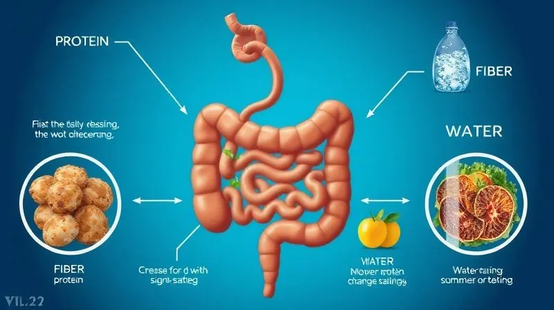 A vibrant, photorealistic diagram illustrating the digestive process, highlighting the roles of protein, fiber, and water in promoting satiety. The diagram should be clean, professional, with clear labels, 8K, cinematic lighting, sharp focus, depth of field, shot on a high-end DSLR.