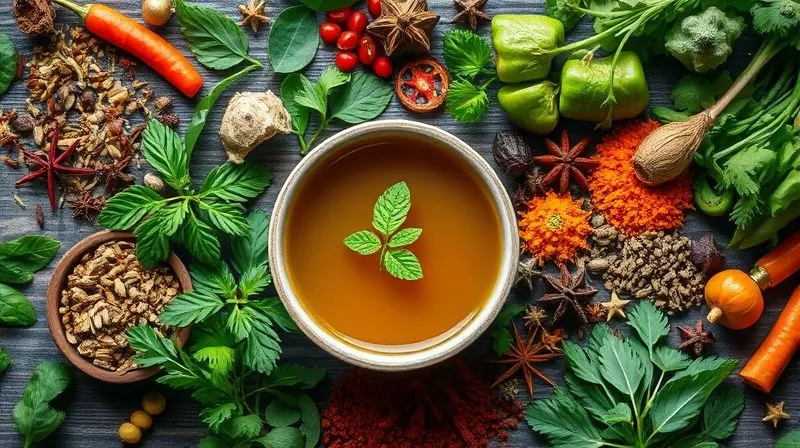 A vibrant, photorealistic flat lay of various fresh herbs and colorful spices arranged artfully around a small bowl of aromatic vegetable broth. Focus on texture and color, 8K, cinematic lighting, sharp focus, depth of field, shot on a high-end DSLR.