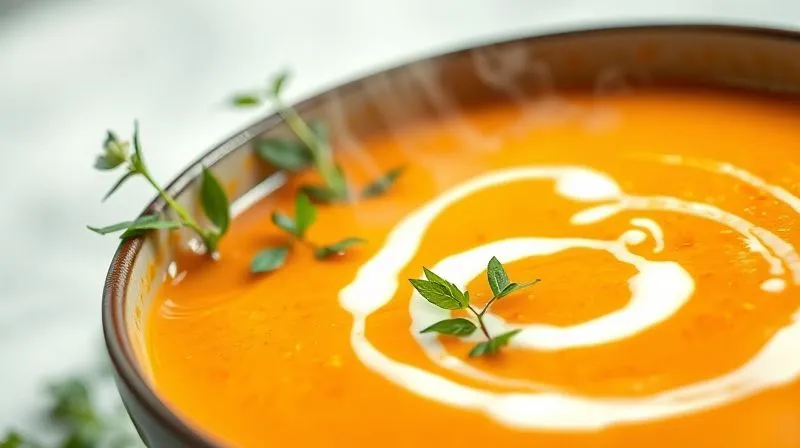 A close-up, photorealistic image of a beautifully presented bowl of creamy orange-colored vegetable soup, garnished with fresh green herbs and a swirl of light coconut milk. The steam gently rises, indicating warmth. The setting is bright and inviting, 8K, cinematic lighting, sharp focus, depth of field, shot on a high-end DSLR.