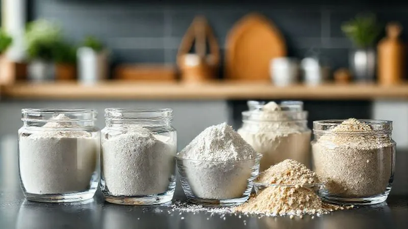 A close-up, photorealistic, professional photography, 8K, cinematic lighting, sharp focus on various types of protein powder (whey, casein, plant-based) in elegant, clear containers, with a blurred background of a modern kitchen. The scene conveys purity and quality.
