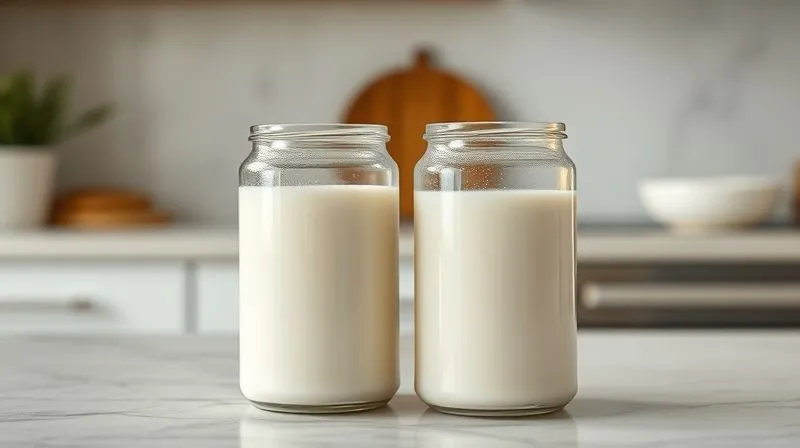 Photorealistic professional photography, 8K, cinematic lighting, sharp focus on two chilled cans of full-fat coconut milk in a minimalist, clean kitchen setting. One can is unopened, the other is open, clearly showing a thick, white, solid cream layer separated from the clear coconut water at the bottom. The background is softly blurred, emphasizing the quality of the coconut milk. Depth of field, shot on a high-end DSLR.