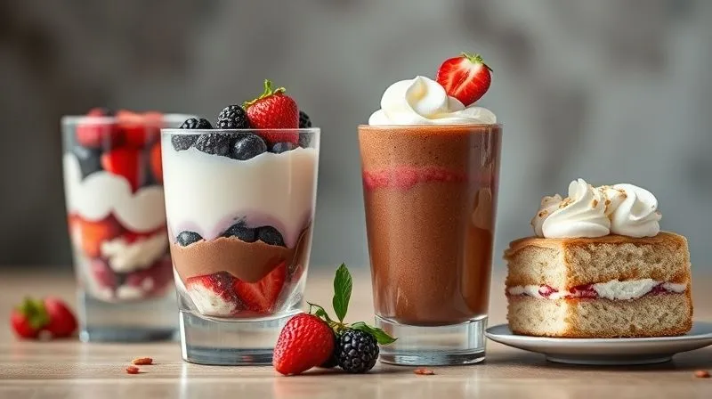 Photorealistic professional photography, 8K, cinematic lighting, sharp focus on a beautifully arranged selection of healthy desserts featuring light coconut cream. One glass shows a parfait with layers of berries and cream, another a small chocolate mousse, and a third a slice of a healthy cake with coconut cream frosting. The colors are vibrant and appealing, with a focus on natural ingredients. Depth of field, shot on a high-end DSLR.
