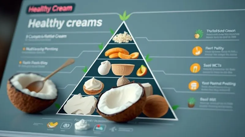 Photorealistic professional photography, 8K, cinematic lighting, sharp focus on a stylized infographic or a healthy food pyramid, with coconut cream prominently featured as a beneficial ingredient in a balanced diet. The visual emphasizes health and nutritional benefits, possibly with small icons representing MCTs, fiber, and minerals. Depth of field, shot on a high-end DSLR.