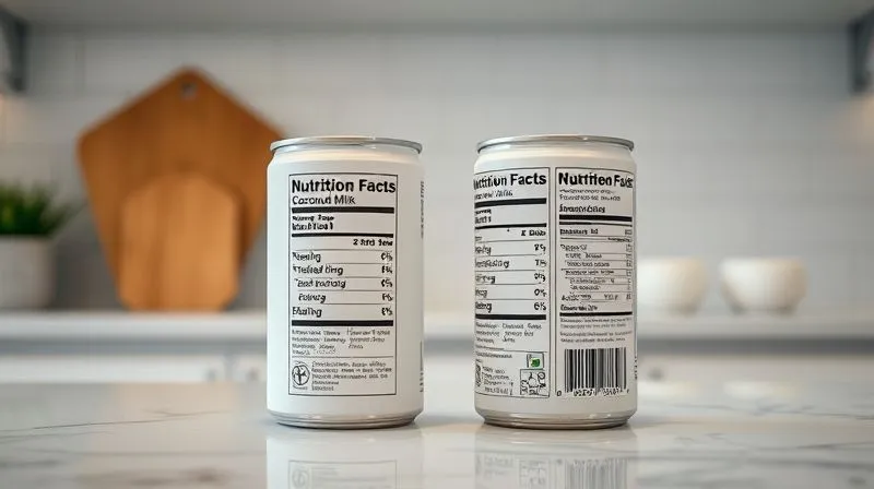 A photorealistic comparison shot of two cans of coconut milk on a minimalist kitchen counter: one labeled 'Full-Fat Coconut Milk' and the other 'Light Coconut Milk', with their respective nutrition labels clearly visible and contrasted. Cinematic lighting, sharp focus on the labels, depth of field, 8K, professional photography, shot on a high-end DSLR.