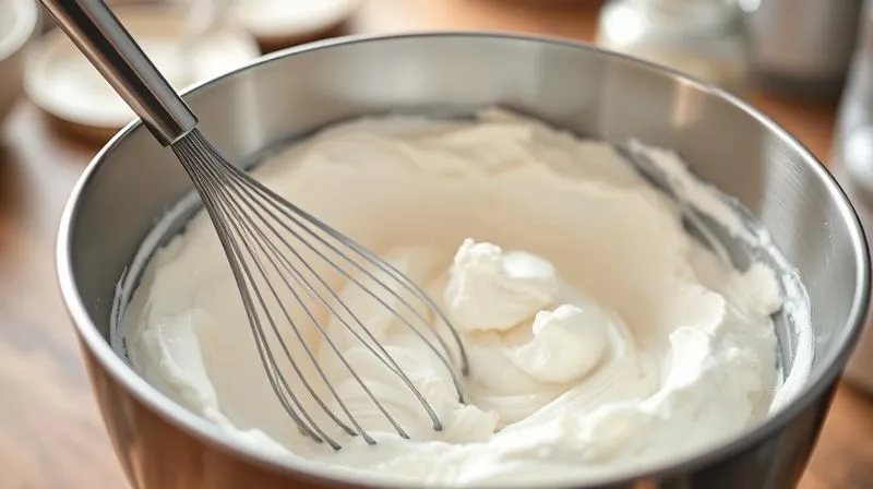 A close-up, photorealistic image of a stainless steel mixing bowl filled with light, freshly whipped coconut cream, showing its fluffy and airy texture. A whisk is resting on the side of the bowl. Cinematic lighting, sharp focus on the cream, depth of field blurring the kitchen background, 8K, professional photography, shot on a high-end DSLR.