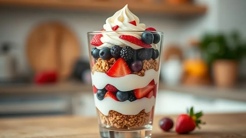 A vibrant, photorealistic image of a layered fruit parfait in a clear glass, featuring alternating layers of fresh berries, granola, and a generous swirl of light coconut cream. The background is softly blurred, indicating a cozy kitchen setting. Cinematic lighting, sharp focus on the layers, depth of field, 8K, professional photography, shot on a high-end DSLR, emphasizing healthy indulgence.