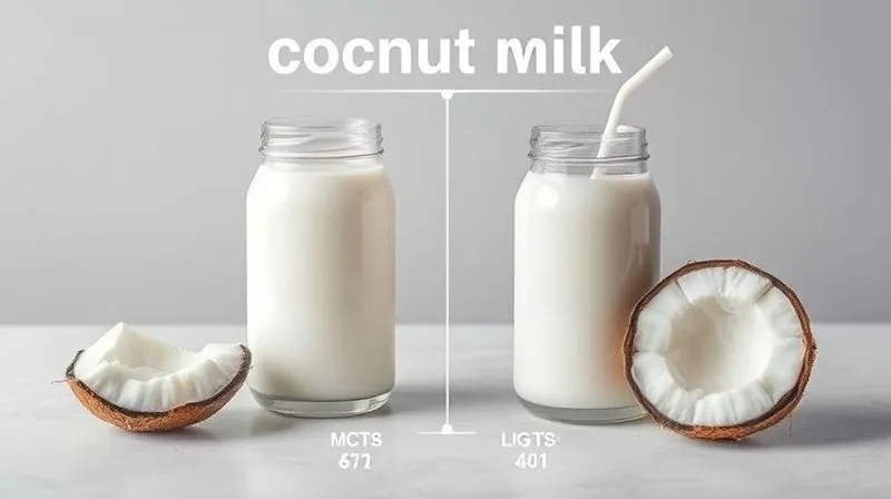 A scientific, photorealistic infographic displaying a breakdown of coconut milk components, highlighting the difference in fat content between full-fat and light versions, with small icons representing MCTs and calories. Clean, minimalist design with cinematic lighting, sharp focus, 8K, professional photography, shot on a high-end DSLR.