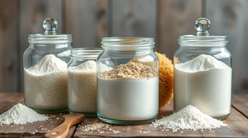 A close-up, photorealistic image of various types of gluten-free flours in elegant glass jars – white rice flour, brown rice flour, and konjac flour – arranged on a rustic wooden table with soft, natural light, emphasizing texture and purity. Photorealistic, professional photography, 8K, cinematic lighting, sharp focus, depth of field, shot on a high-end DSLR.