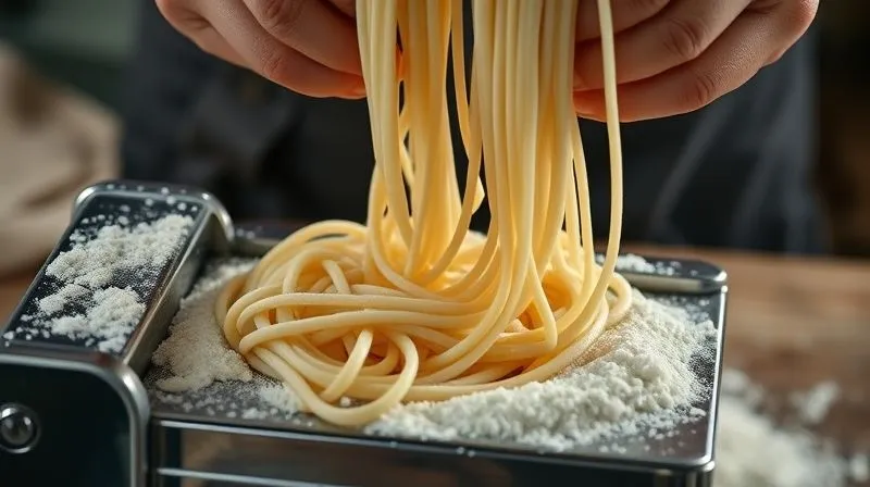 A professional, close-up shot of hands gently feeding gluten-free rice noodle dough into a manual pasta maker, with thin, uniform strands emerging gracefully onto a floured surface. The lighting is soft and inviting, highlighting the texture of the dough and the precision of the process. Photorealistic, 8K, cinematic lighting, sharp focus, depth of field, shot on a high-end DSLR.