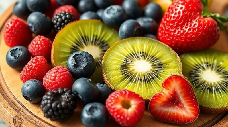 Photorealistic close-up of a variety of fresh, low-glycemic fruits like blueberries, raspberries, and sliced kiwi, arranged artfully on a wooden board, with natural light. 8K, sharp focus, depth of field.