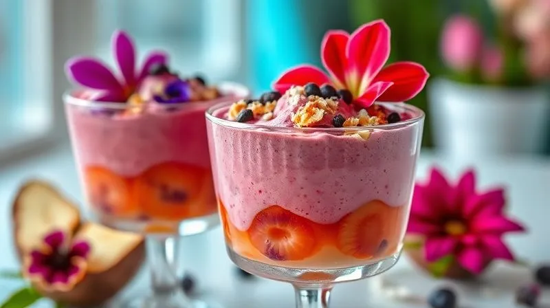 Photorealistic, professional photography, 8K, cinematic lighting, sharp focus, depth of field. A vibrant fruit mousse in a glass, garnished with a mix of exotic toppings like cacao nibs, toasted coconut flakes, and edible flowers, showcasing creative variations. The setting is bright and inviting.