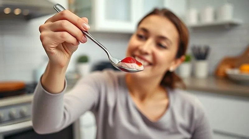 Photorealistic, professional photography, 8K, cinematic lighting, sharp focus, depth of field. A person's hand reaching for a spoon to enjoy a perfectly prepared fruit mousse, with a satisfied, healthy glow on their face. The image conveys joy, health, and a sense of accomplishment in a clean, modern kitchen setting.