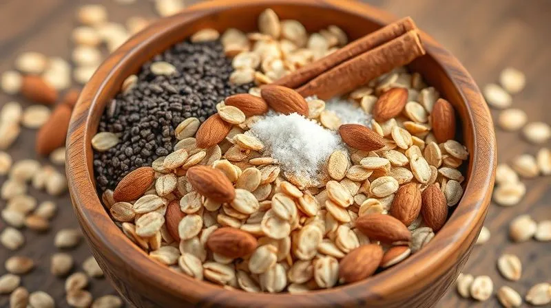 Photorealistic image of a wooden bowl filled with uncooked granola ingredients: rolled oats, chia seeds, chopped almonds, sunflower seeds, a small pile of erythritol, a cinnamon stick, and a pinch of salt. The ingredients are artfully arranged, with warm, natural lighting, sharp focus on the textures, and a shallow depth of field. Shot on a high-end DSLR, 8K, professional food photography.
