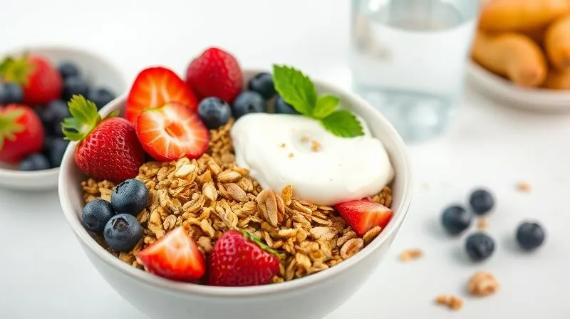 Photorealistic, professional photography, 8K, cinematic lighting, sharp focus, depth of field, shot on a high-end DSLR. A vibrant, healthy breakfast bowl with homemade granola, fresh berries (strawberries, blueberries), a dollop of Greek yogurt, and a sprinkle of nuts, artfully arranged on a clean white table with a glass of water in the background. The scene exudes freshness, vitality, and a sense of accomplishment.